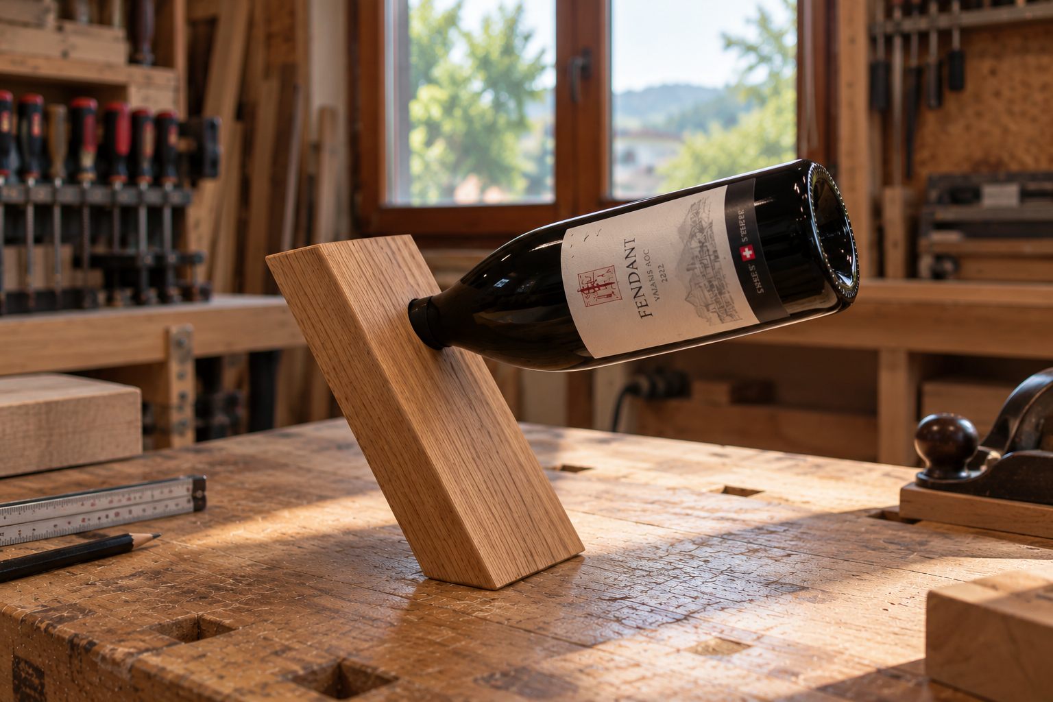 Weinständer aus Eiche mit einer Flasche Rotwein auf der Werkbank
